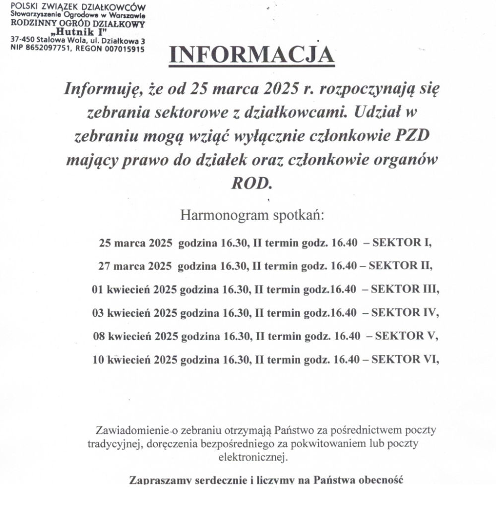 Harmonogram zebrań sektorowych