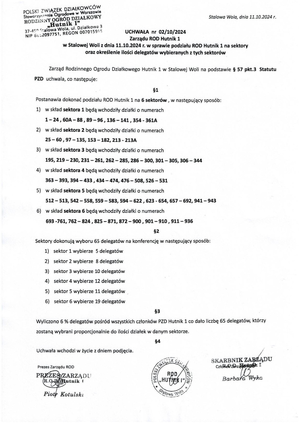 Uchwała o podziale ogrodu na sektory